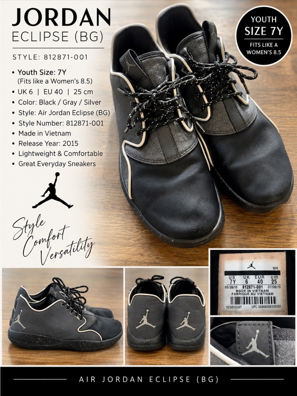 Jordan Eclipse Youth Sneakers - Black with Silver Trim
